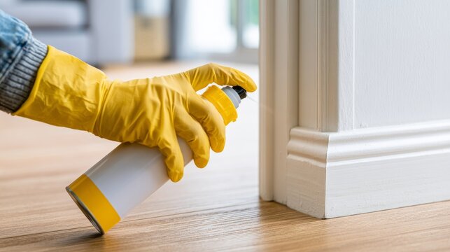 Close-up of insecticide spray applied to interior corners, targeting hidden areas for cockroach control.