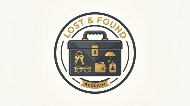 Lost and found office round badge with briefcase and personal items illustration