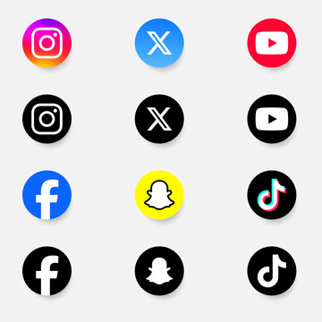 Social Media Logo Buttons Icon: Set of social media icons buttons ; facebook, x, snapchat, tiktok, youtube, instagram, icon, logo. networking, messaging, video sharing, mobile apps, and communication