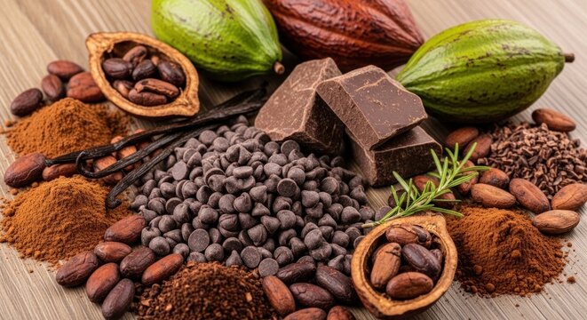 A variety of cocoa beans, cocoa pods, and chocolate bars on a wooden surface.