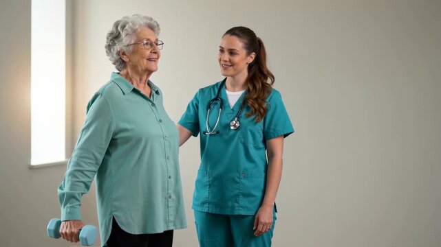Senior Female Nurse and Young Nurse Standing Together in Scrubs in a Bright Hospital Environment