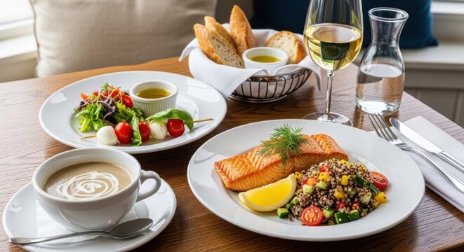 A table setting with a plate of salmon, a bowl of soup, and a basket of bread on a wooden table.