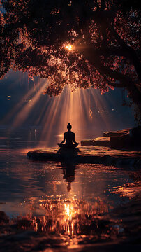 International Yoga Day Summer Solstice Poster, Sunrise Light Meditation Silhouette, Sky Halo Healing Light, Natural Humanistic Aesthetics, Cultural Commercial Material