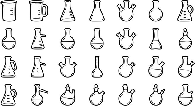 Black and White Line Art Icons of Various Laboratory Glassware