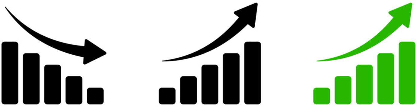 Growth and Decline Chart Icons : Set of bar chart iconswith upward and downward arrows in black and green styles. for business growth, finance, analytics, statistics, progress, profit, and decline