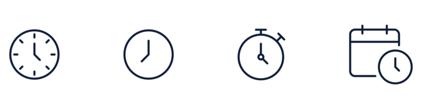 Time Clock Schedule Icons : Set of time and schedule icon in outline stroke style ; clock, stopwatch, calendar, and timer symbols. for appointments, deadlines, reminders, planning, and productivity