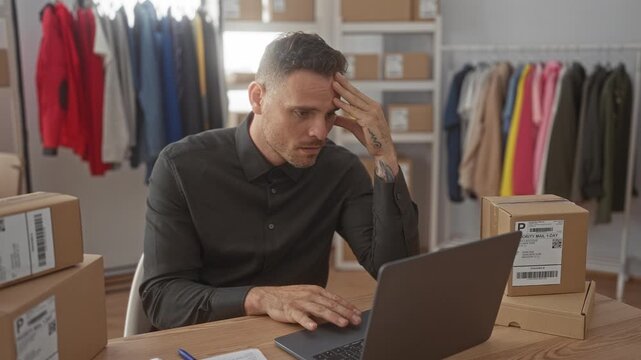 Man at laptop with hand on temple, wearing dark shirt, surrounded by shipping boxes and clothing racks in studio; frustration focus.