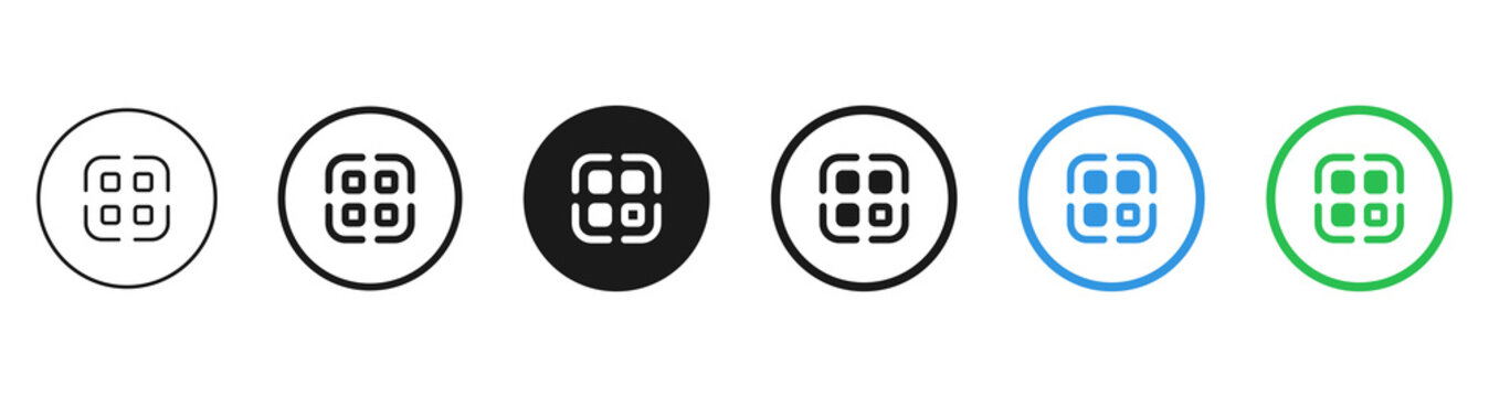 QR Code Scanner Icon Button : Set of QR code icons in outline, solid, and black circle button styles. for scanning, payment, barcode, app access, digital menu, and authentication design.