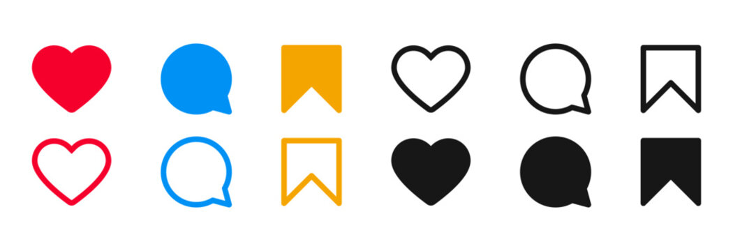 Like Comment Save Social Media Icon Set : Notification icons with like heart, comment bubble, and save bookmark symbols in color, outline, and solid styles for social media UI.