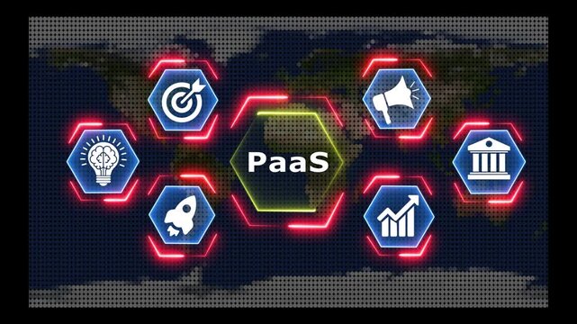Digital hexagons with icons around world map and PaaS text.