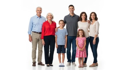 Obraz premium A family portrait of a man, woman, and two children standing together in front of a white background.