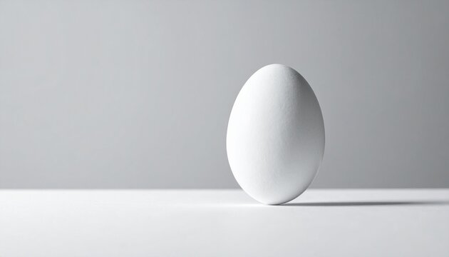 Single White Egg Standing on Minimal White Surface