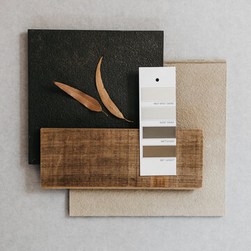 Interior design mood board with wood samples paint swatches and eucalyptus leaves