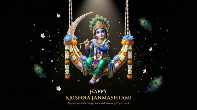 Baby krishna playing flute on a decorated crescent moon swing for janmashtami celebration with floral garlands and peacock feathers against a dark background for festive spiritual greeting design