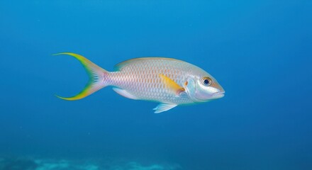 Fototapeta premium A colorful fish swimming in clear blue water with a blue background.
