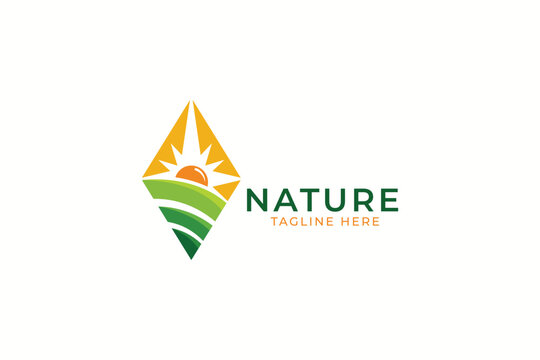 Modern Nature Farm Sunrise Logo Design with Diamond Shape Agriculture Field Vector Template