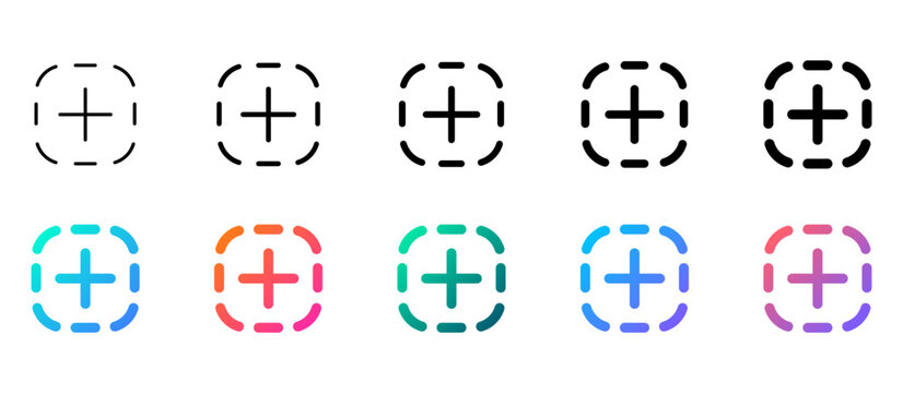 Add Plus Icon Button : Set of create add new icons inside dashed rounded square frames in outline, bold, black, and colorful gradient styles. Ideal for create, upload, insert, expand, app interface