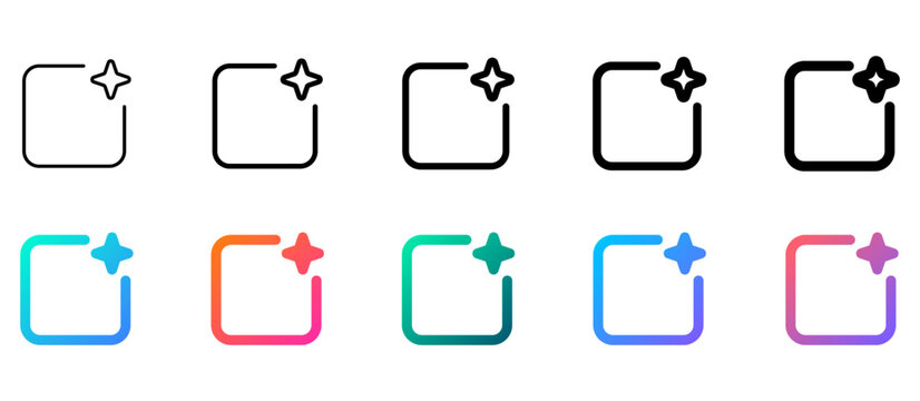 Sparkle Square Icon Set Gradient Pack : Set of sparkle Ai Generated icons in outline, gradient styles. for ai geneation, magic, enhancement, smart editing, creative tools, and app interface design.