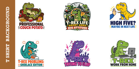Humorous t-rex dinosaur vector illustrations showing daily life struggles and funny art. © jubayer95