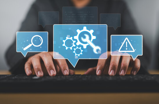 Online IT customer support concept with businessman using laptop, representing remote help desk services, technical troubleshooting, customer assistance, and digital support solutions.