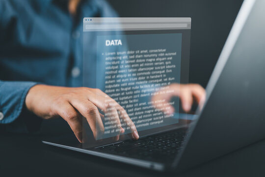 Document writing software concept with businessman typing on laptop, representing word processing, business text editing, content creation, and digital document management.