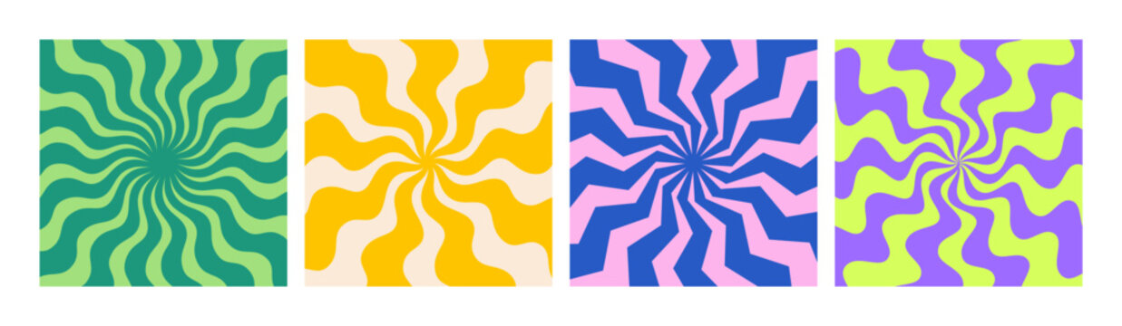 Retro Psychedelic Spiral Pattern with Swirling Radial Rays. Hypnotic Vortex Background. Groovy Abstract Design with Vibrant Wavy Lines and Geometric Burst.