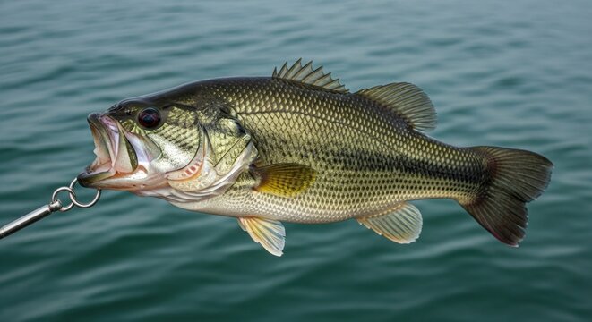 A largemouth bass fish with a hook attached to its mouth, caught in a lake with a greenish-blue water background.
