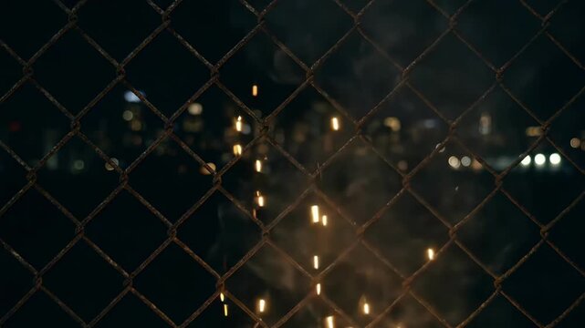 Brilliant gold sparks illuminate a dark city skyline behind a chain link fence during an atmospheric 4th july night celebration at urban location
