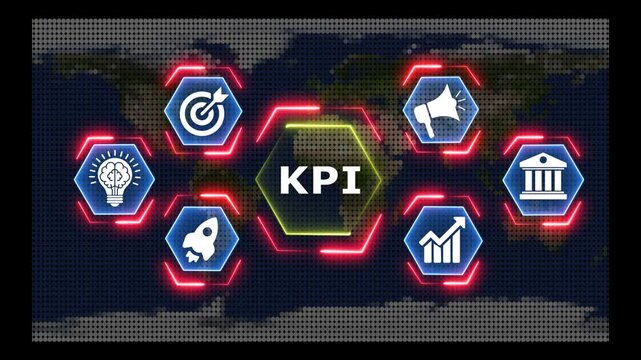 Business kpi performance dashboard with neon glowing icons on digital map background.
