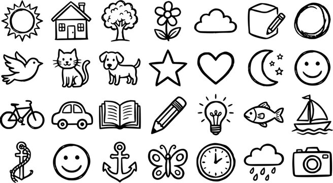 Black and White Line Art Icons: Nature, Objects, Emotions, and Time