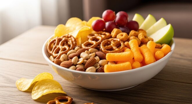 A bowl of assorted snacks and fruits on a wooden table.