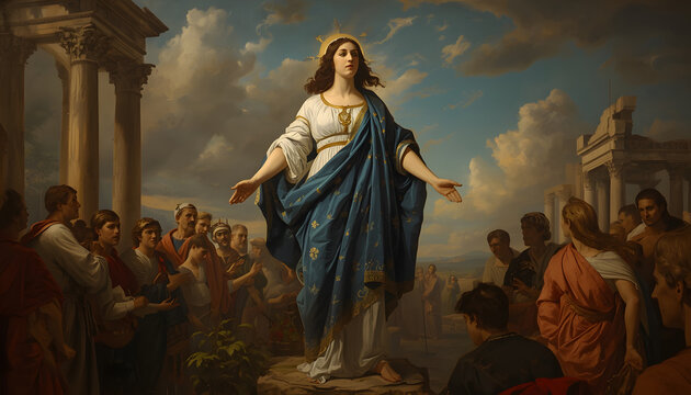 Graceful Roman Matron in Gold and Blue Drapery Amidst Ancient Columns