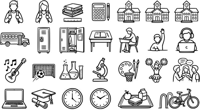 Black and White Line Art Icons of School Supplies, Students, and Campus Buildings