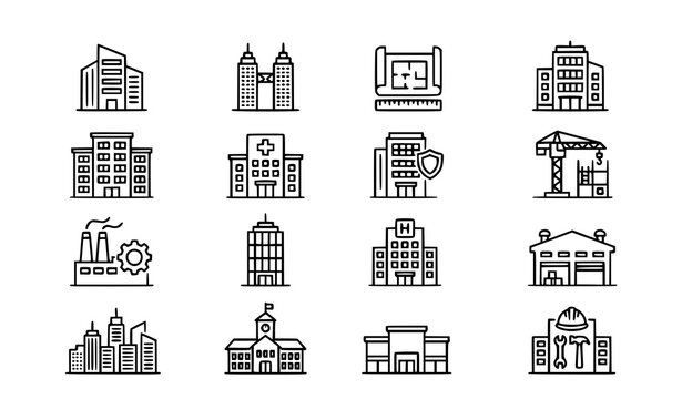 Thin Line Building Icons Set Featuring Office Buildings, Twin Towers, Insurance and Construction Trade Architecture Vector Collection