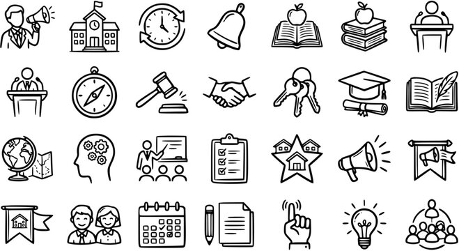 Black and White Line Art Icons for Education and Business: School, Clock, Bell, Books, Graduation, Meeting, Globe, Keys, Ideas