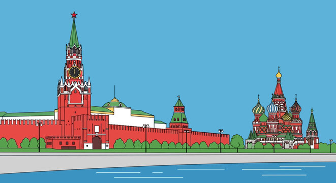 Moscow Kremlin and Saint Basil's Cathedral Skyline, Russia - Vector Illustration