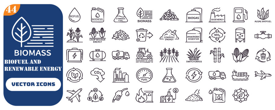Set of 44 outline icons related to bio fuel. Linear icon collection. Editable stroke. Vector illustration.