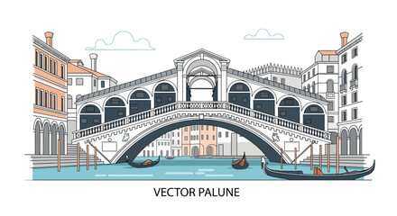 Venice Rialto Bridge Gondolas Canal Italian Architecture Line Art Vector © Muhamad