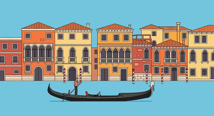 Venice Canal Gondola Ride with Colorful Italian Buildings Flat Illustration © Muhamad
