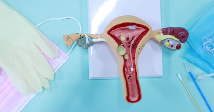 Gynecology set, model of female reproductive system and medical bottle of pills on light blue background, flat lay. Camera moving right