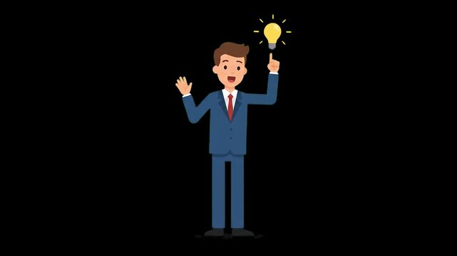 A friendly 2D animated businessman in a blue suit and red tie stands and points his finger up toward a glowing yellow light bulb, representing a creative idea or business solution. This cartoon charac
