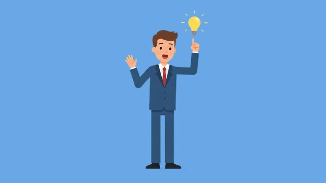 A flat design animated illustration of a smiling businessman in a suit pointing at an illuminating lightbulb above him against a light blue backdrop. Ideal for leadership training, employee developmen