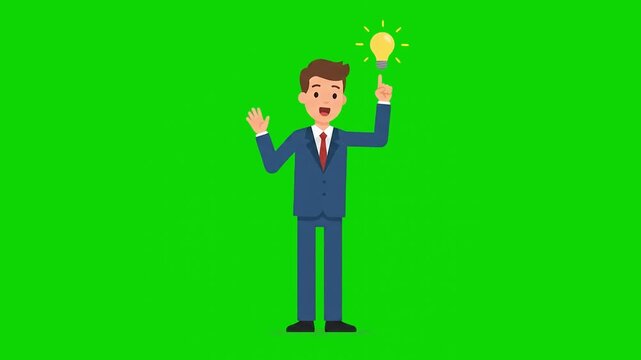 A flat vector animated businessman in a suit pointing up at a glowing idea lightbulb on a keyable green screen. Great for corporate innovation presentations, marketing explainers, and business strateg
