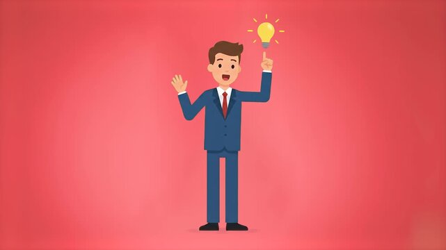 A 2D animated young entrepreneur or office worker in a blue suit points up to a bright yellow lightbulb above his head. Ideal for startup pitches, marketing strategy, and creative business solutions.
