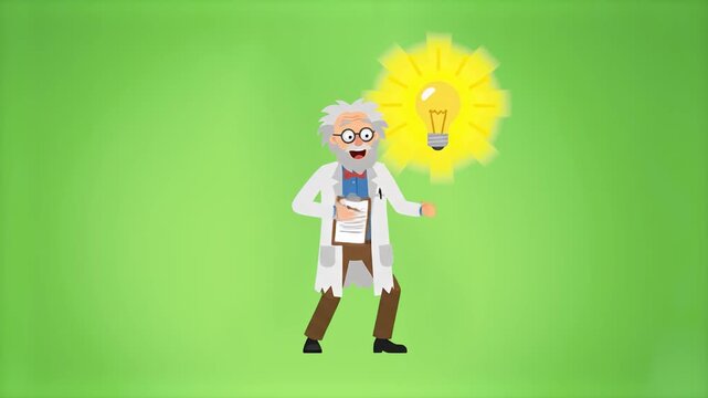An elderly, energetic professor in a white lab coat holds a clipboard and smiles as a large, bright lightbulb idea flashes beside him. This asset features a green screen background for clean chroma ke