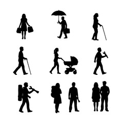 Fototapeta premium Diverse people silhouettes performing daily activities set