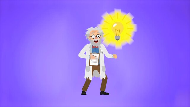 A 2D animated elderly professor with white hair stands in a lab coat holding a clipboard as a bright yellow lightbulb flashes above him. Perfect for education, brainstorming, breakthroughs, and scient