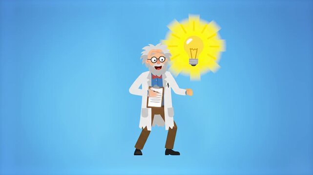 A flat 2D animated senior scientist in a lab coat holding a clipboard with a bright glowing lightbulb appearing next to him on a blue background. Ideal for scientific breakthroughs, innovation concept