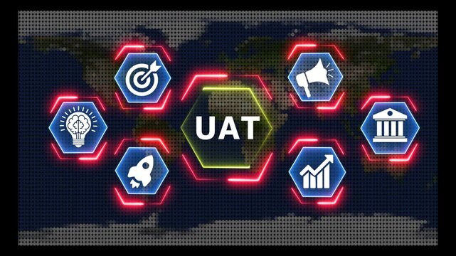 User acceptance testing uat concept with business icons on abstract world map background.