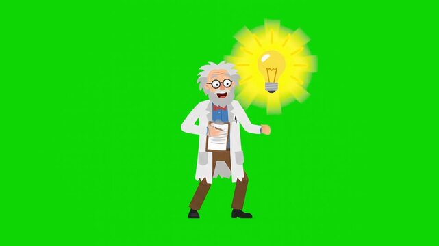 Animated cartoon scientist in a white lab coat holding a clipboard, celebrating a breakthrough eureka moment with a glowing light bulb appearing above his head. Isolated on a green screen chroma key b